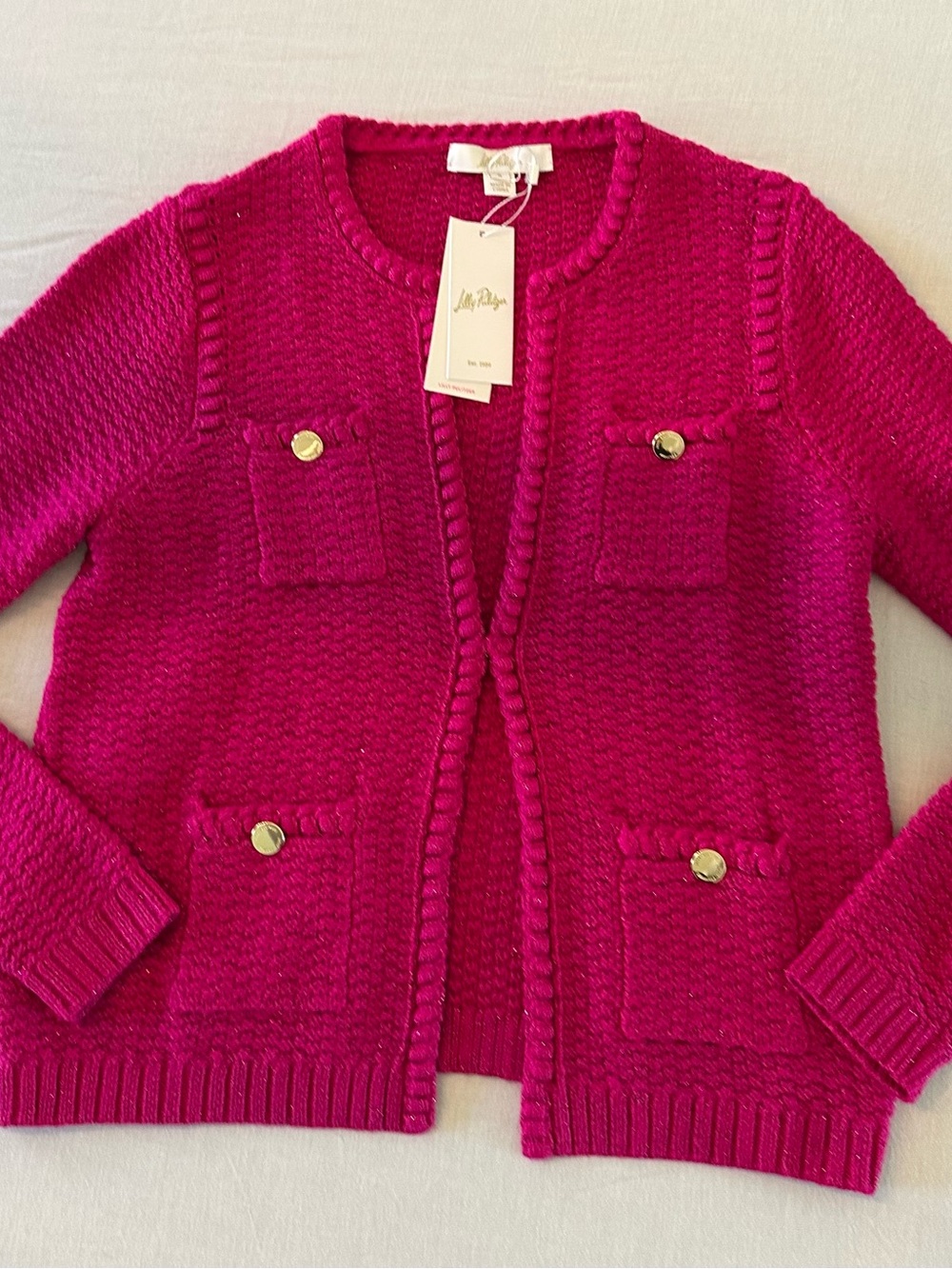 Lilly Pulitzer Hot Pink Knit Pocket Cardigan with Gold Buttons